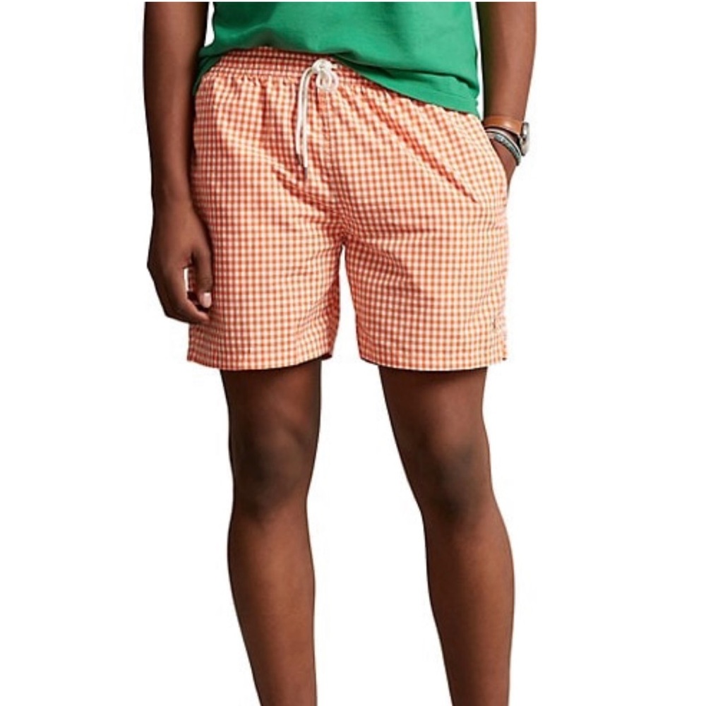 RALPH LAUREN POLO Mens Checkered Orange/White Gingham Swim Trunks | Size 3XLT